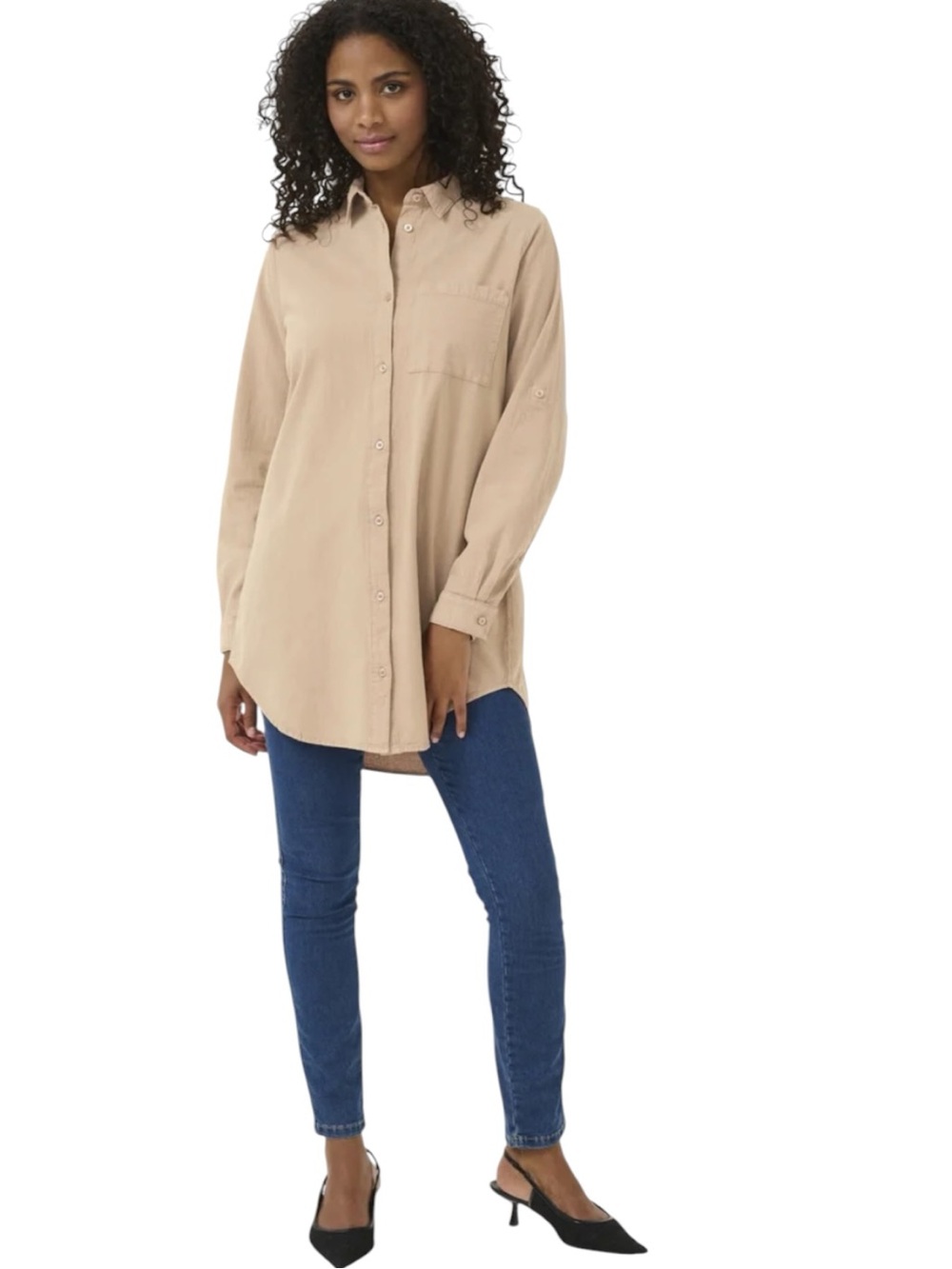 Relaxed Longline Cotton Button-Down Shirt in Sand